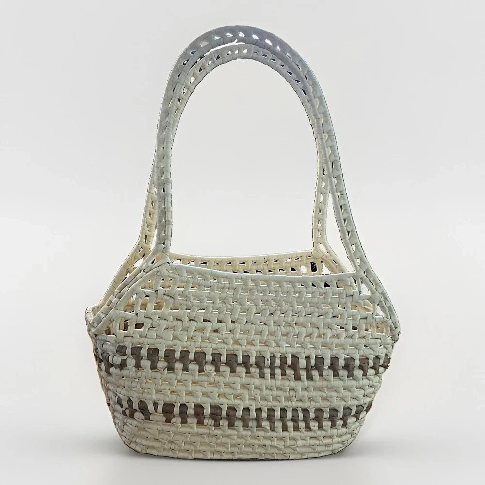 Woven Basket Shoulder Bag Cream Brown Boho Coastal Summer Tote Purse